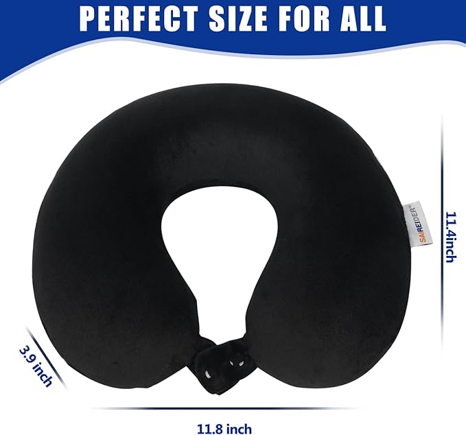 SAIREIDER Travel Pillow 100% Pure Memory Foam Travel Neck Pillow, Airplane Pillow for Traveling、Car、Home、Office,Washable Cover(Black)