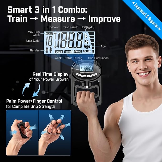 Hand Grip Strength Tester Trainer - Electronic Hand Dynamometer Forearm Grip Strengthener Exerciser Digital Training Gauge 265 Lbs 120 Kgs for Sport Home School Use