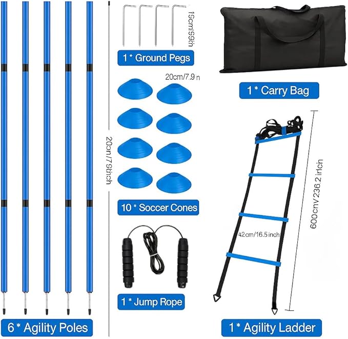 Soccer Agility Training Equipment, 6 Adjustable Soccer Training Agility Poles, 1 Speed Agility Ladder,10 Soccer Agility Cones for Training, 1 Jump Rope + Storage Bag for Youth Soccer Drills