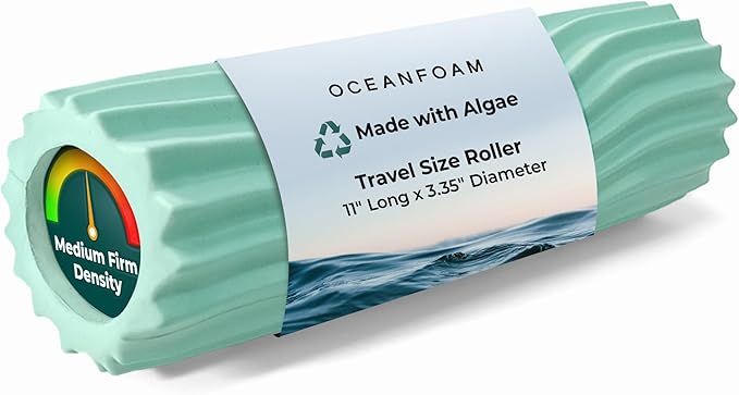 Oceanfoam Ripple Travel Foam Roller (11" x 3.35") Firm Mini Foam Roller for Physical Therapy, Deep Tissue Massage, Back Pain - High Density, Ergonomic Wave Textured - Yoga, Pilates, Exercise (Seafoam)