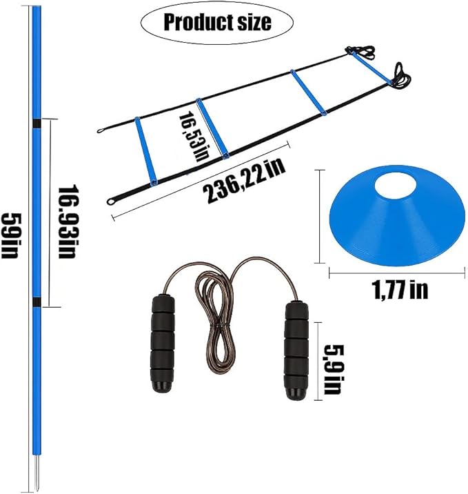 Soccer Agility Training Equipment, 6 Adjustable Soccer Training Agility Poles, 1 Speed Agility Ladder,10 Soccer Agility Cones for Training, 1 Jump Rope + Storage Bag for Youth Soccer Drills