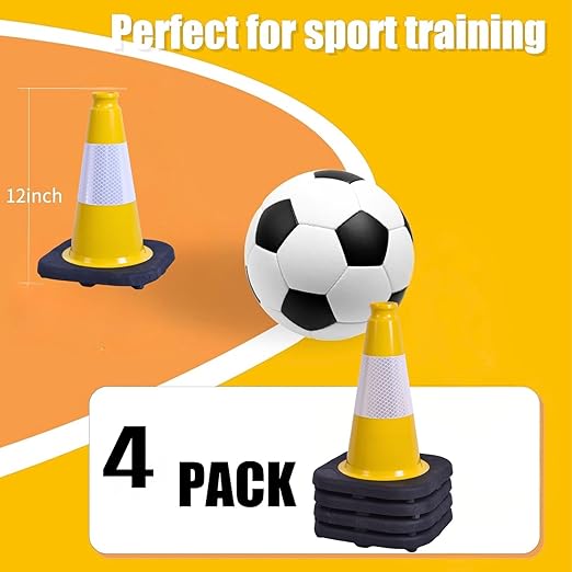 BESEA 4Pack 12 Inch Yellow Traffic Cones with 4 Inch Reflective Collar, Heavy Duty PVC Safety Cones with 8.5 x 8.5 Inch Base for Parking, Driving Practice, Sports Training, and Construction