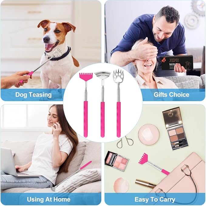 3 Pack Different Back Scratcher Metal Portable Telescoping Back scratchers with Rubber Handles, Extendable Back Massager Tool, Great Stocking Stuffers for Men Women Kids Adults(Pink)