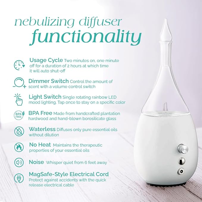 Raindrop 3.0 Nebulizing Essential Oil Diffuser for Aromatherapy by Organic Aromas with Touch Sensor and Magconnect-Style Electrical Cord and Adapter. (Light)