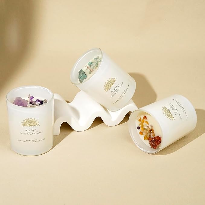 Healing Crystal Candles Gift Set for Women, 3 Pack Aromatherapy Soy Candles with Real Amethyst Amazonite Sunstone, Lavender Jasmine Coastal Breeze Scented Candles, Meditation Chakra Energy - 3.5oz