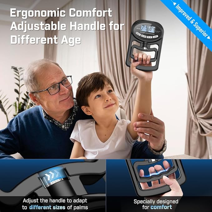 Hand Grip Strength Tester Trainer - Electronic Hand Dynamometer Forearm Grip Strengthener Exerciser Digital Training Gauge 265 Lbs 120 Kgs for Sport Home School Use