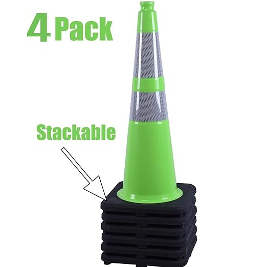 BESEA 4PCS 28" inch Traffic Cones Green Safety Cones with 6 inch & 4inch Reflective Collar for Construction Driveway Road Parking Stopper