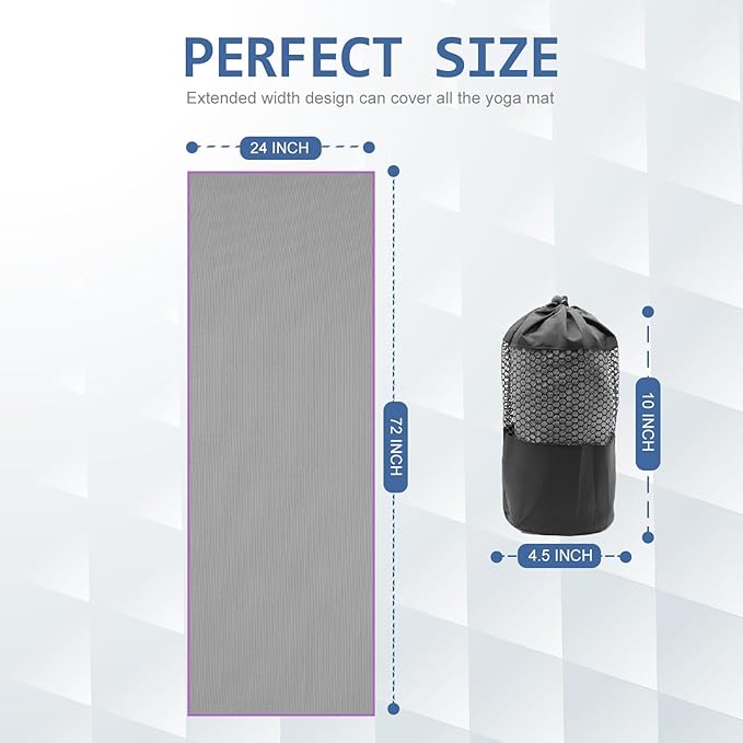 Eunzel Hot Yoga Towel - Microfiber Non Slip Yoga Mat Towel with Grip Dot Sweat Absorbent Towel for Hot Yoga, Pilates and Fitness 72" x 24", Dark Grey/Purple