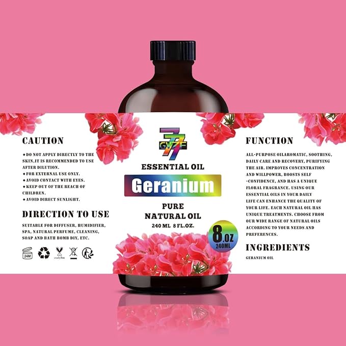 Geranium Essential Oil (8 oz / 240 ml) – Geranium Oils for diffusers, humidifiers, Home Baths, Cleaning Products, Yoga, DIY Soaps and DIY Scented Candles