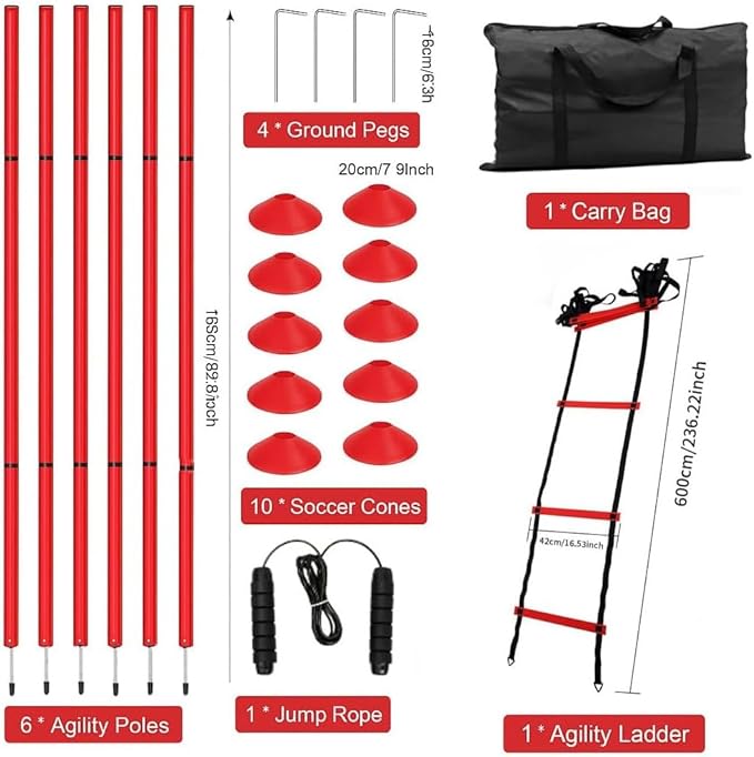 Soccer Agility Training Equipment, 6 Adjustable Soccer Training Agility Poles, 1 Speed Agility Ladder,10 Soccer Agility Cones for Training, 1 Jump Rope + Storage Bag for Youth Soccer Drills