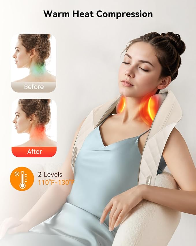 Snailax Cordless Neck Massager with Heat, Shiatsu Neck and Shoulder Massager for Deep Tissue, Kneading Back Massage Pillow for Leg, Body, 2 Heating Levels, Gifts for Men Women