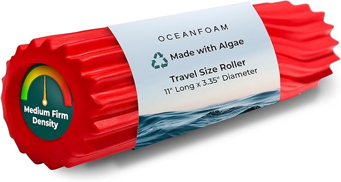 Oceanfoam Ripple Travel Foam Roller (11" x 3.35") Firm Mini Foam Roller for Physical Therapy, Deep Tissue Massage, Back Pain - High Density, Ergonomic Wave Textured - Yoga, Pilates, Exercise (Red)