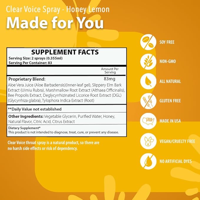 Clear Voice Oral Throat Spray Moisturizer Relief Vocal Booster Treatment Secret - Made in USA - Honey Lemon Flavor, Fresh Mint and Strawberry Lemonade - 1 Fl Oz, 3 Pack