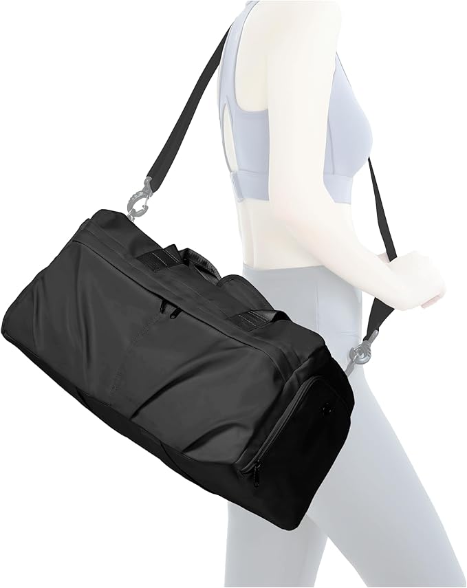 Gym Bag for Women Men with Shoe Compartment, Sport Duffel Bag, Waterproof Travel Weekender Overnight Carry on Bag for Yoga with Trolley Sleeve, Black