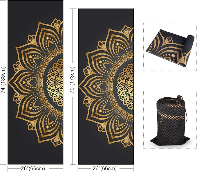 Colorful Star Large Yoga Towel with Corner Pockets, Non Slip Grip Dots Sweat Absorbent Hot Yoga Mat Towels, Yoga Blankets with Travel Bag, Mat Cover for Workout, Gym, Fitness - 74"x26", Gold Mandala
