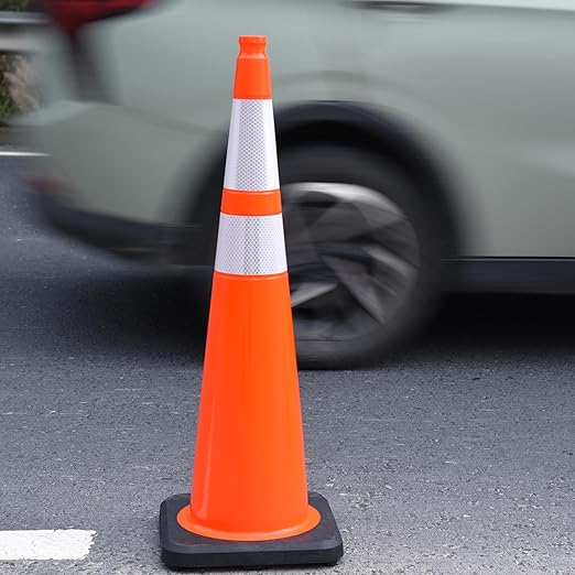 6 Pack 36" Orange Traffic Safety Cones with Reflective Collars- Durable PVC Cones with Weighted Black Base for Driveways, Work Zones & Event Control