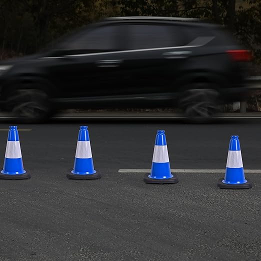 OrangeStar 12" Traffic Cones 4-Pack Blue Safety Cones with Reflective Collars, Heavy Duty Base for Driving Practice, Parking Lots, Construction, Flexible PVC, Indoor & Outdoor Use