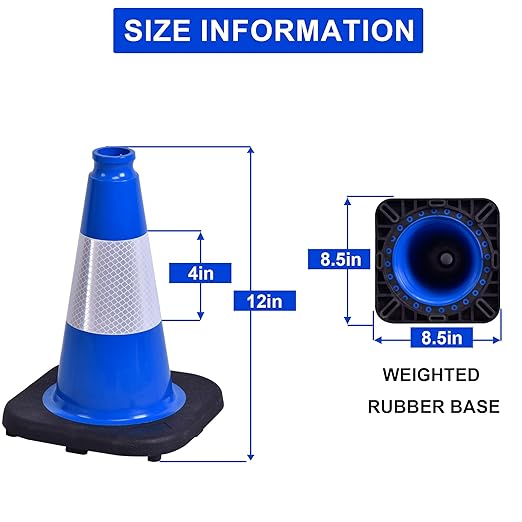OrangeStar 12" Traffic Cones 4-Pack Blue Safety Cones with Reflective Collars, Heavy Duty Base for Driving Practice, Parking Lots, Construction, Flexible PVC, Indoor & Outdoor Use