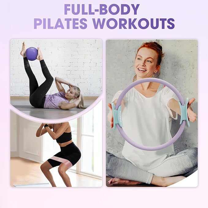 PAETA Pilates Ring Set – 14” Magic Circle (38 lbs Resistance), 9.8” Pilates Ball, 5 Resistance Bands, and Exercise Guide Included for Home Workouts
