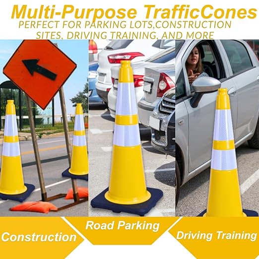 BESEA 6Pack 36” inch Traffic Cones Yellow Road Parking Cones Construction Safety Cone Structurally Stable for Traffic Control(Yellow Color)