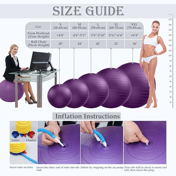 Soft Exercise Ball, Anti-Burst Yoga Ball Chair Supports 2200lbs, Stability Swiss Ball w/Pump for Pregnancy Birthing, Excersize, Workout, Fitness, Balance, Gym, Physio, Abs (Office & Home & School)