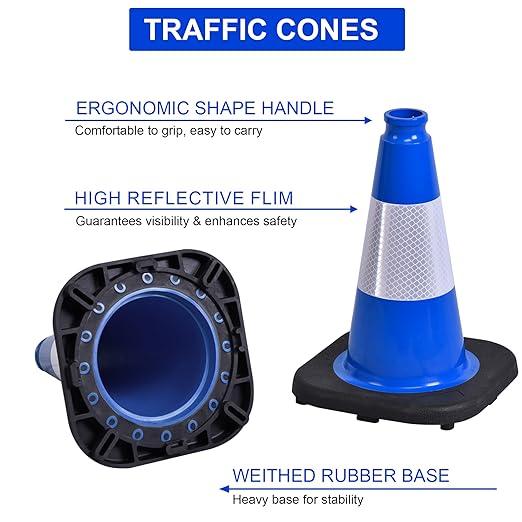 OrangeStar 12" Traffic Cones 4-Pack Blue Safety Cones with Reflective Collars, Heavy Duty Base for Driving Practice, Parking Lots, Construction, Flexible PVC, Indoor & Outdoor Use