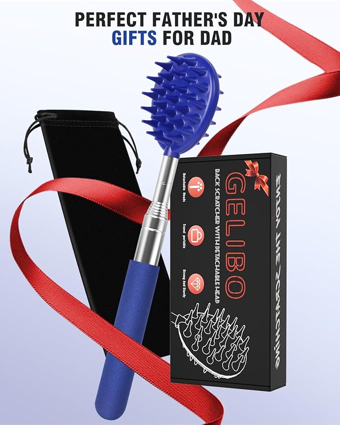 Gelibo Telescoping Back Scratcher with 5Pcs Detachable Heads,Fathers Day Dad Gifts from Wife Daughter Son,Mens Gifts,Husband, Extendable Back Massager Tool with Beautiful Box - Blue