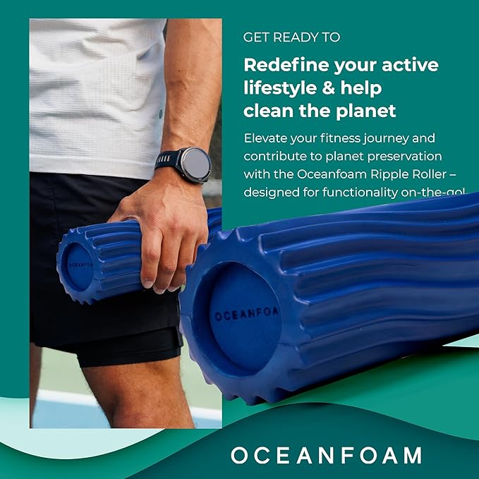 Oceanfoam Ripple Travel Foam Roller (11" x 3.35") Firm Mini Foam Roller for Physical Therapy, Deep Tissue Massage, Back Pain - High Density, Ergonomic Wave Textured - Yoga, Exercise (Royal Blue)