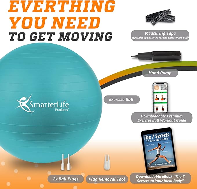 SmarterLife Exercise Ball Yoga Ball for Fitness, Balance, Stability, or Pregnancy, Gym Ball for Core Workout, Physical Therapy, Yoga Ball Chair for Office, Anti-Slip Anti-Burst