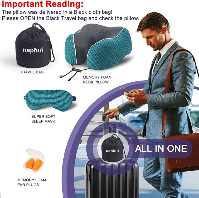 napfun Neck Pillow for Traveling, Upgraded Travel Neck Pillow for Airplane 100% Pure Memory Foam Travel Pillow for Flight Headrest Sleep, Portable Plane Accessories, Teal Set, Medium (120-200LB)