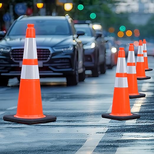 8 Pack 28" inch Orange PVC Traffic Cones with Reflective Collars and Weighted Black Base, Durable Safety Cones for Roadwork, Parking and Crowd Control