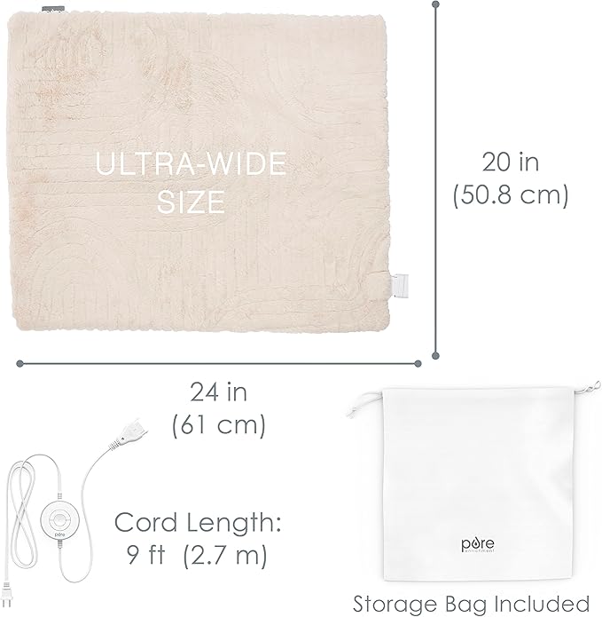 Pure Enrichment® PureRadiance™ Ultra-Wide Luxury Heating Pad for Cramps & Back Pain Relief, Patented Design, Soft Faux Fur & Micromink, 6 Heat Settings, Machine Washable, Large, 20”x24” (Golden Sands)