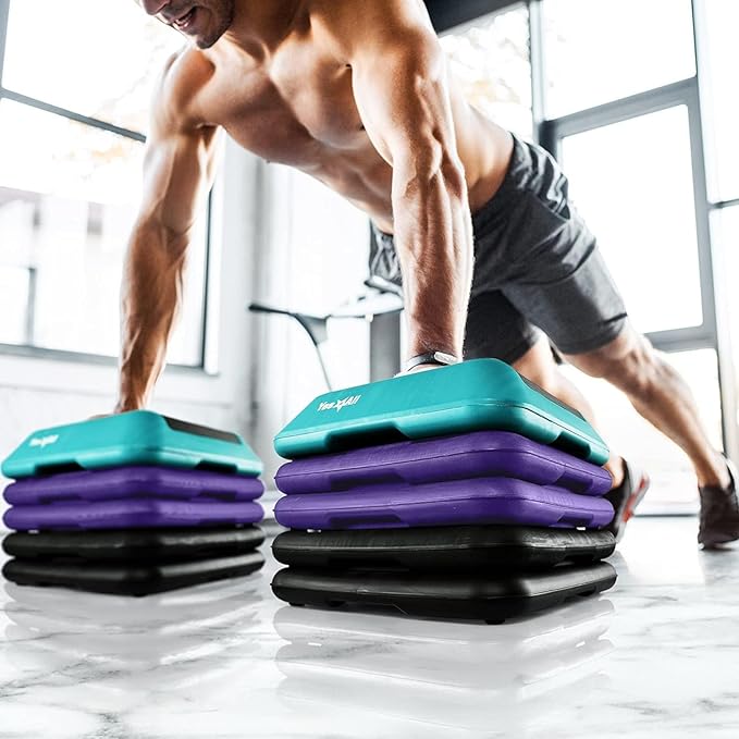 Yes4All 16"x16" Adjustable High Step Aerobic Platform with 4 Risers, Height-Adjustable 4"-6''-8''-10''-12" Step Aerobics Platform for Home Gym Exercise Fitness Workout