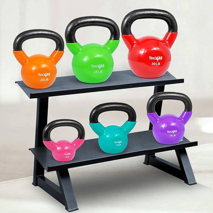 Yes4All Kettlebell, Vinyl Coated Kettlebell Cast Iron Sets with Stable Flat Bottom for Full Body Workout, Push up, Grip Strength Training & Weights Exercises