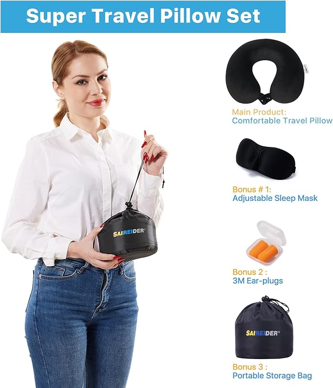 SAIREIDER Neck Pillows for Travel 100% Memory Foam Adjustable Travel Pillows with Storage Bag, Sleep Mask and Earplugs-Prevent The Heads from Falling Forward (Black)