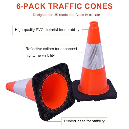 OrangeStar 18" Traffic Cones 6-Pack with Weighted Rubber Base, 6" Reflective Collar, Orange Safety Cones for Parking Lot, Road Construction, Warehouse, Highway, Weatherproof PVC