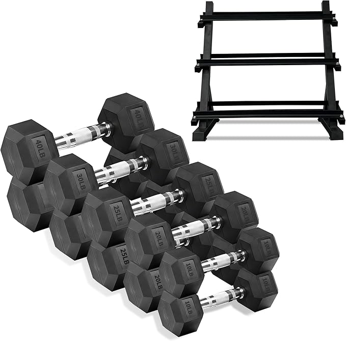 Ritafer 6-10 Pair Hex Rubber Dumbbell Set 350/450 and 550 lbs(5-50 lbs )Hand Free Weight for Strength Coated Encased Iron Weights with Dumbbells Storage Rack Home Gym