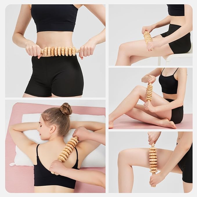 Wooden Cellulite Massage Roller for Legs and Thighs - Handheld Fascia Blaster Tool for Muscle Relief, Lymphatic Drainage & Body Sculpting - Anti Cellulite Massager for Women and Men (9 Wheel)