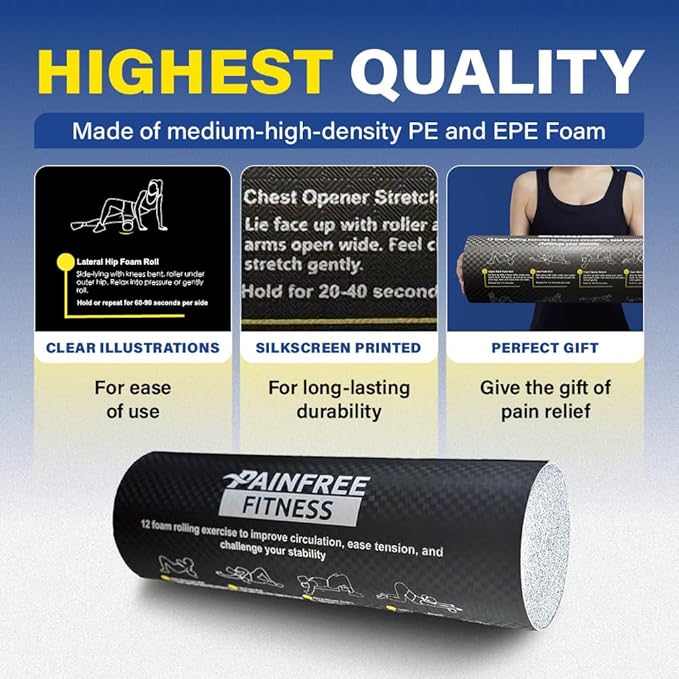 Fitness Foam Roller with Printed Exercises - 17''x 6'' Lightweight EPE/PE Exercise Roller Foam - Includes 12 Guided Stability, Mobility & Recovery Moves - Dual Color Instructional Design