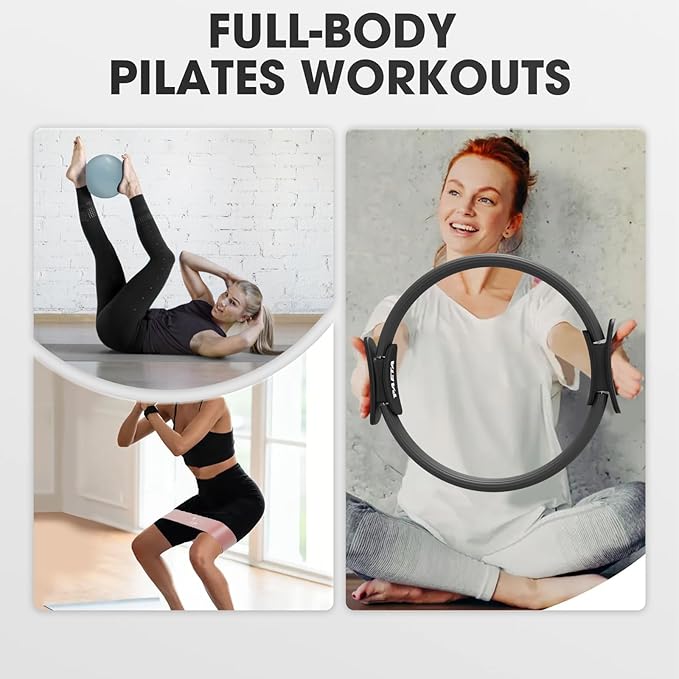 PAETA Pilates Ring Set – 14” Magic Circle (38 lbs Resistance), 9.8” Pilates Ball, 5 Resistance Bands, and Exercise Guide Included for Home Workouts