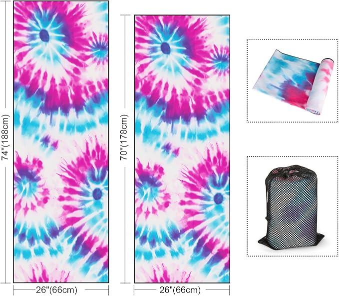 Colorful Star Yoga Towel with Corner Pockets, Non Slip Grip Dots Sweat Absorbent Hot Yoga Mat Towels, Yoga Blankets with Travel Bag, Mat Cover for Workout, Gym, Fitness - 70"x26", Pink Blue Tie-dye