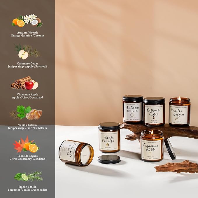 Fall Candles Set - 6 Pack Candles for Home Scented, Fall Scented Candles for Autumn Gift Home Decoration, Natural Non Toxic Soy Candle Gifts for Women, Cinnamon Apple/Autumn Wreath