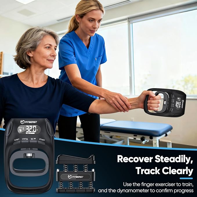 FitBeast Grip Strength Tester Set with Hand Strengthening Tools โ Track Progress, Build Strength & Support Hand Recovery (3-in-1 Kit)