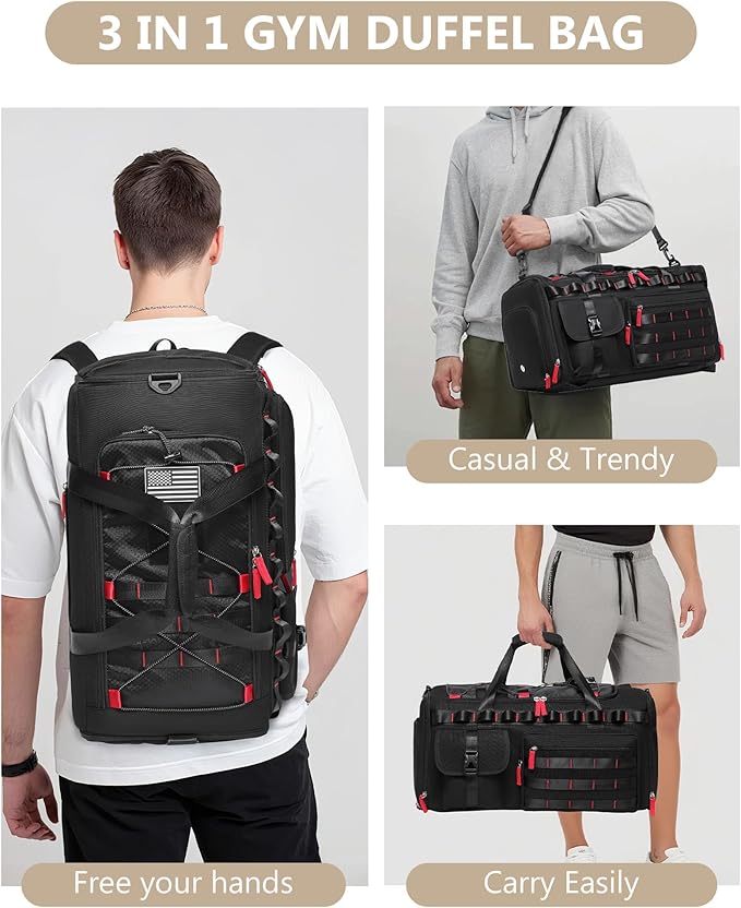 MCBD Gym Bags for Men & Women, 45L Travel Duffle Sports Backpack with Shoes & Laptop Compartment, Large Workout Carry On Bag Weekender Overnight Tote, Black