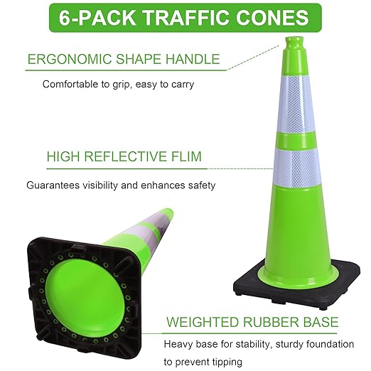OrangeStar 28" Traffic Cones 6-Pack, Green Safety Cones with Reflective Collars, Weighted Rubber Base for Parking, Construction, Road Safety, Indoor & Outdoor Use
