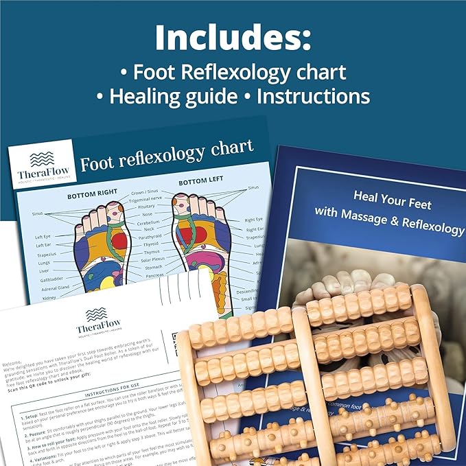 TheraFlow Foot Massager for Plantar Fasciitis Relief - Mom Gifts for Women & Gifts for Dad, Wooden Foot Roller Massager with Deep Tissue & Reflexology Nubs (Includes Reflexology Chart)