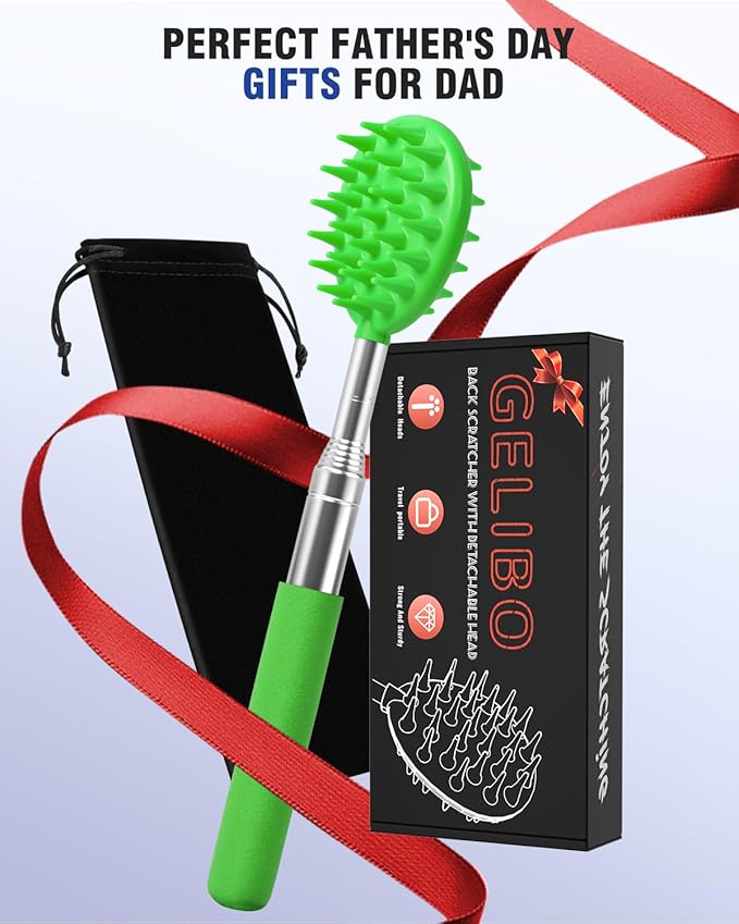 Gelibo Telescoping Back Scratcher with 5Pcs Detachable Heads,Fathers Day Dad Gifts from Wife Daughter Son,Mens Gifts,Husband, Extendable Back Massager Tool with Beautiful Box - Green