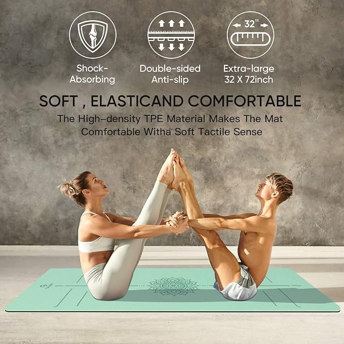 Yoga Mat Non Slip TPE Extra Wide Yoga Mat with Alignment Mark, 72"L x 32"W x 0.32"/0.24"Th (183cm x 80cm x 8mm/6mm), Anti-Tear Exercise Mat with Carrying Strap and Bag, Workout Mats for Yoga, Pilates