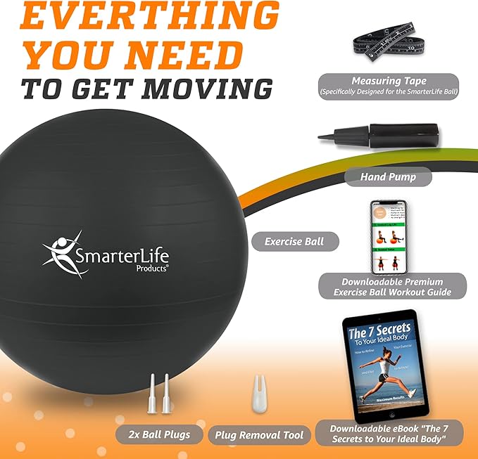 SmarterLife Exercise Ball Yoga Ball for Fitness, Balance, Stability, or Pregnancy, Gym Ball for Core Workout, Physical Therapy, Yoga Ball Chair for Office, Anti-Slip Anti-Burst