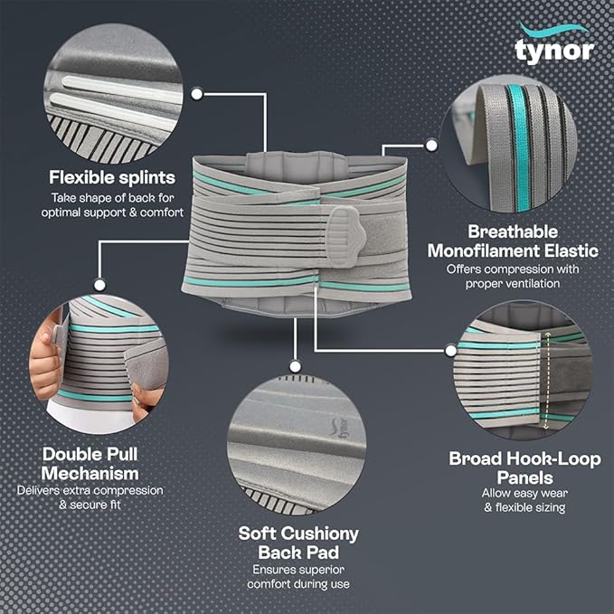 TYNOR Lumbar Support Belt Breathable Compression Lower Back Brace, Adjustable Waist Lumbar Support Brace for Men & Women, Herniated Disc, Sciatica, Back Pain & Heavy Lifting (Small, Grey)